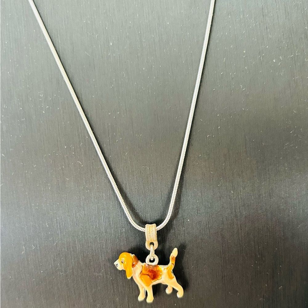 Cute Elegant Vintage Inspired Dog Puppy Enamel Pendant Silverplated Necklace